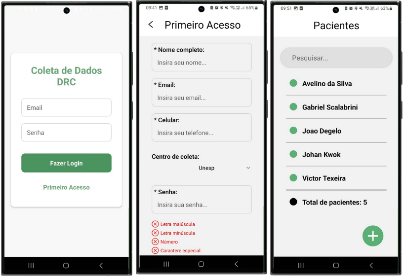 Aplicativo de coleta: telas de login, primeiro acesso e lista de pacientes