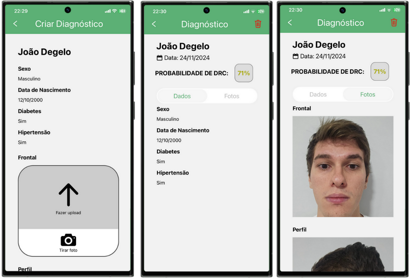Aplicativo de diagnóstico: telas do paciente